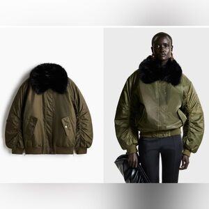 H&M Olive Green Bomber Jacket with Black Fur Collar